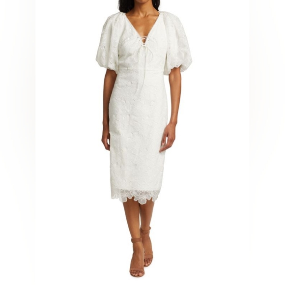 NWT Sz 2 ML Monique Lhuillier White Organza Lace Puff Sleeve Dress - Picture 1 of 8
